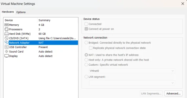 VMware Virtual Machine Settings — network adapter