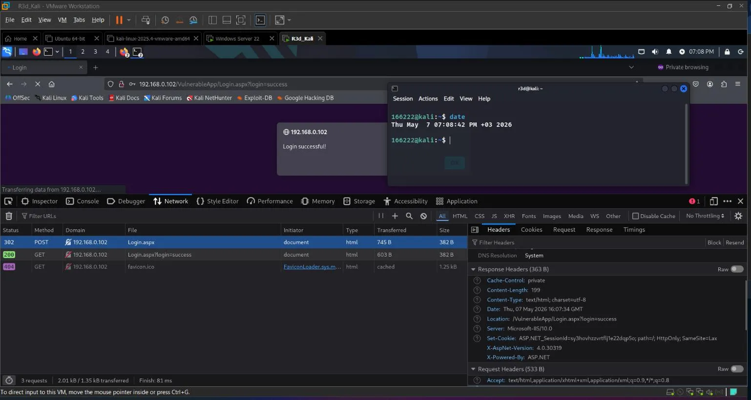 Firefox Network panel showing Set-Cookie in POST 302 response