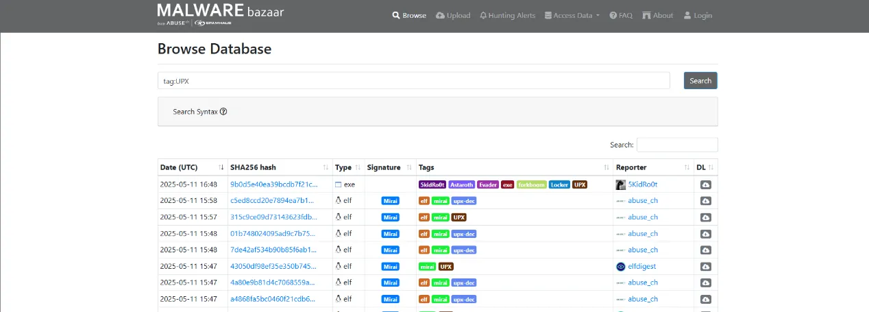 MalwareBazaar — UPX tag search results