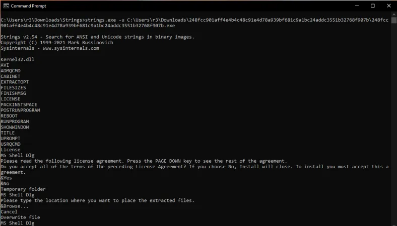 Strings tool output