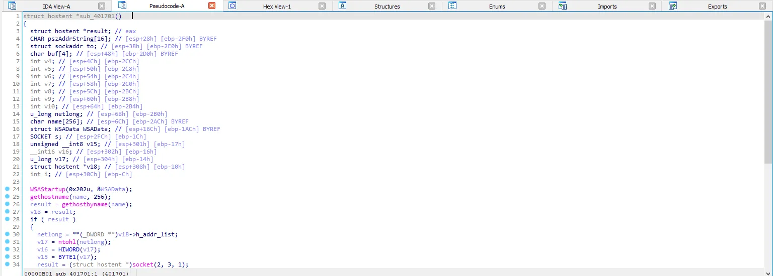 IDA Pro — sub_401701 network scanning, part 1