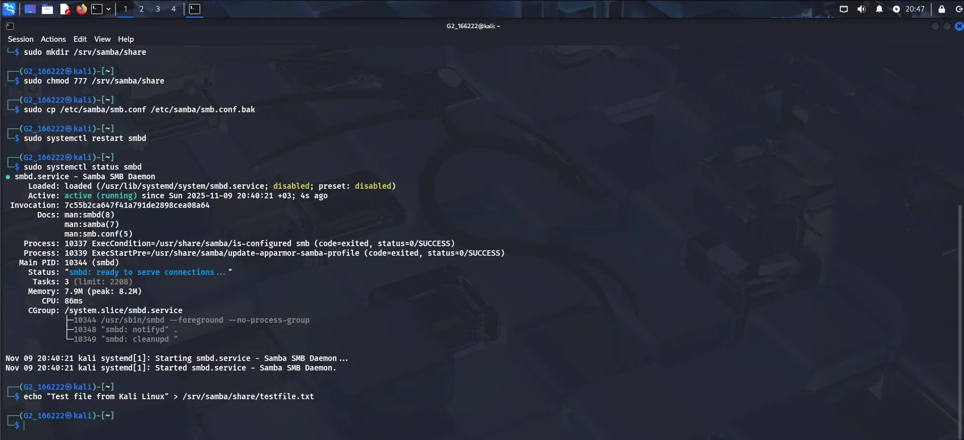 Writing a test file from Kali
