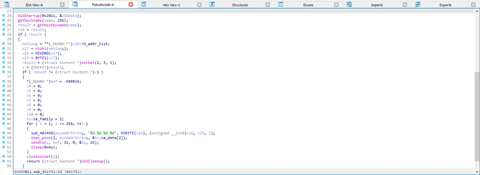 IDA Pro — sub_401701 network scanning, part 2