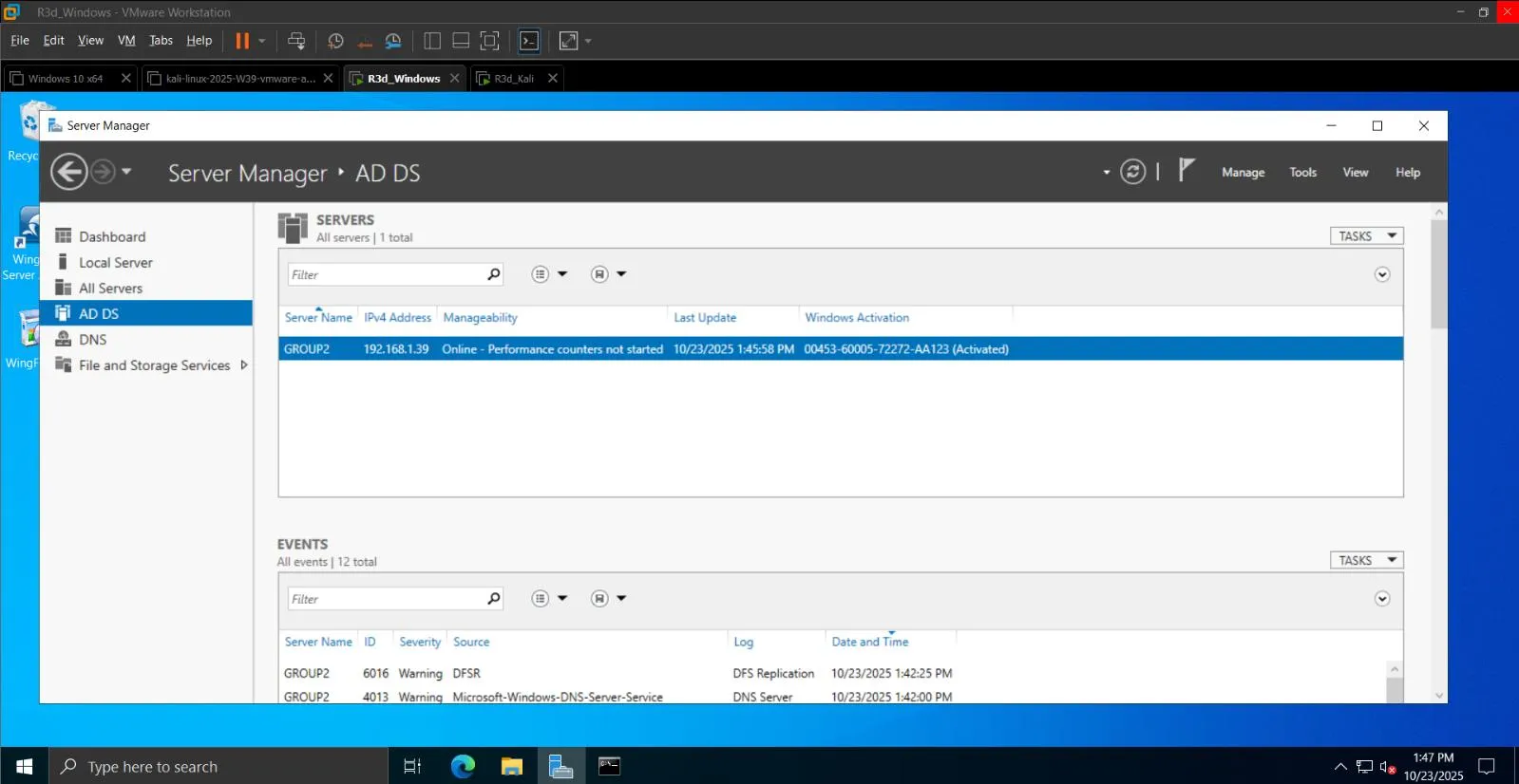 Server Manager AD DS role installed