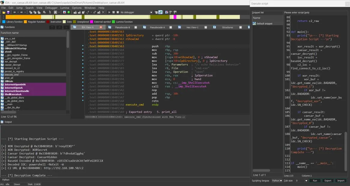 IDA Pro + IDAPython console — full decryption output