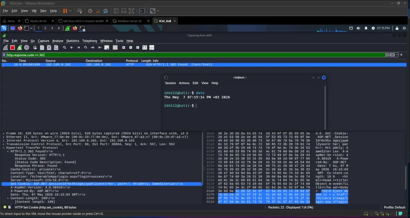 Wireshark showing Set-Cookie in HTTP 302 packet