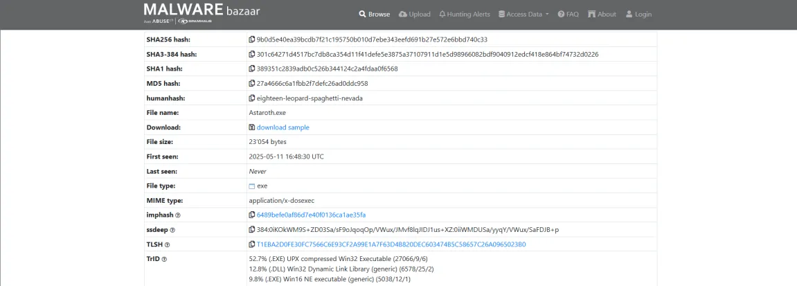 MalwareBazaar — sample detail page