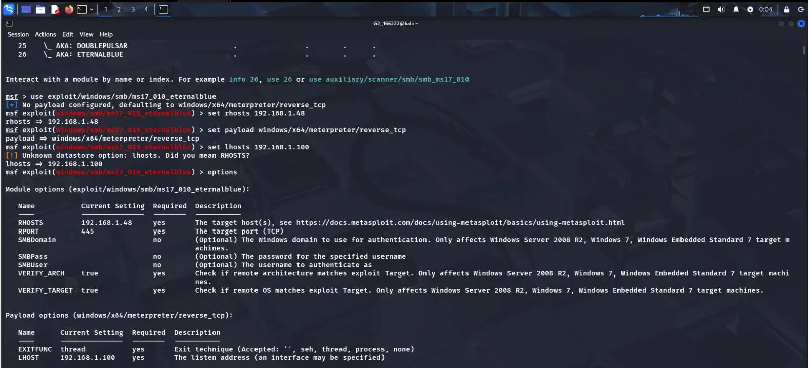 msfconsole EternalBlue module setup