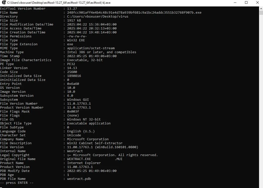 ExifTool metadata dump