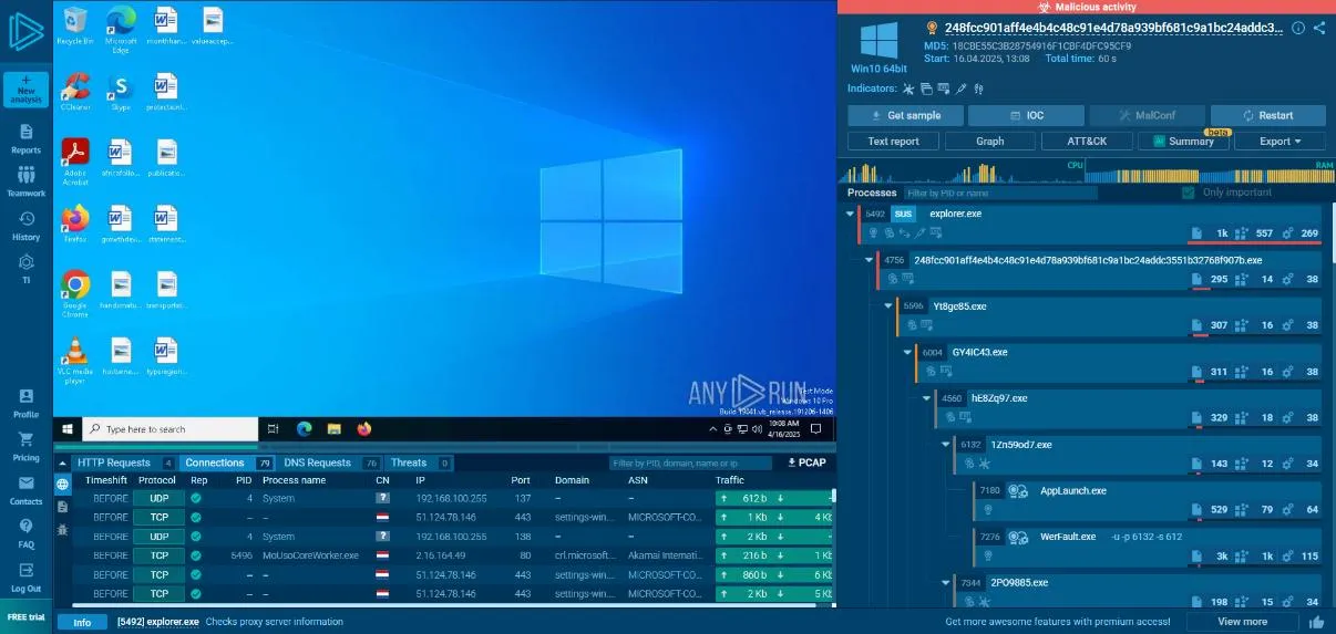 AnyRun process tree and network connections