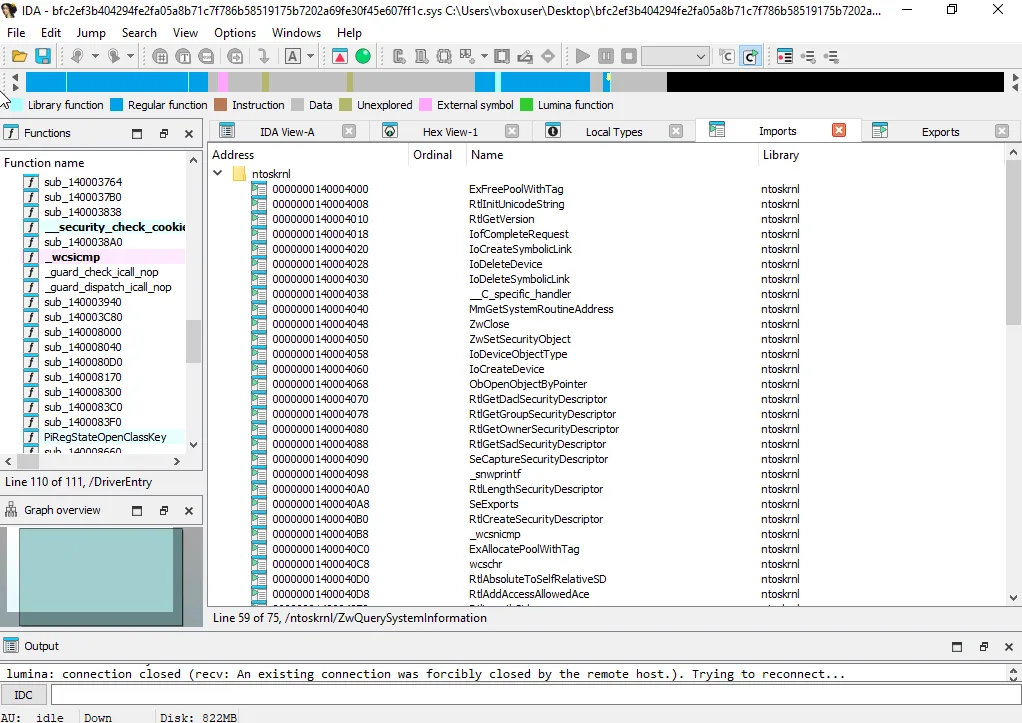 IDA Pro — rootkit driver imports
