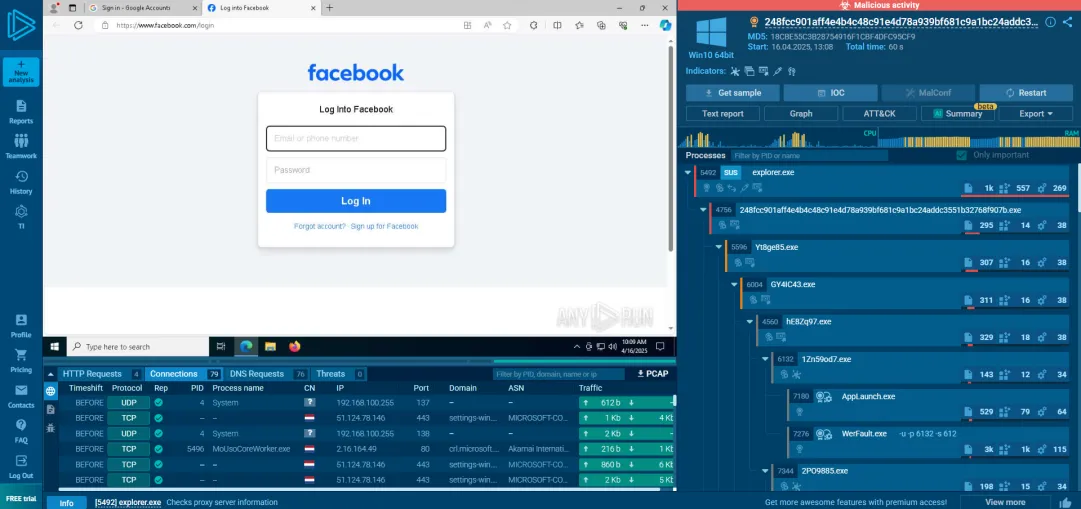 AnyRun browser tab — Facebook login