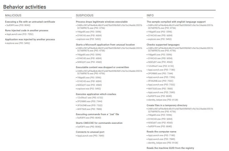 AnyRun behavior activities table