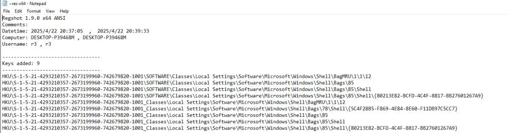 RegShot — registry keys added