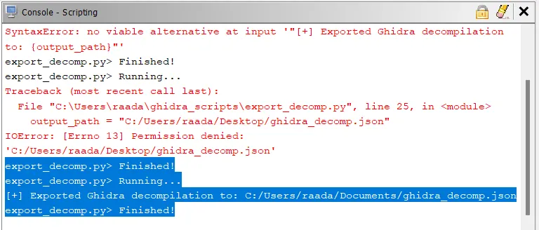 Ghidra export console — permission retry