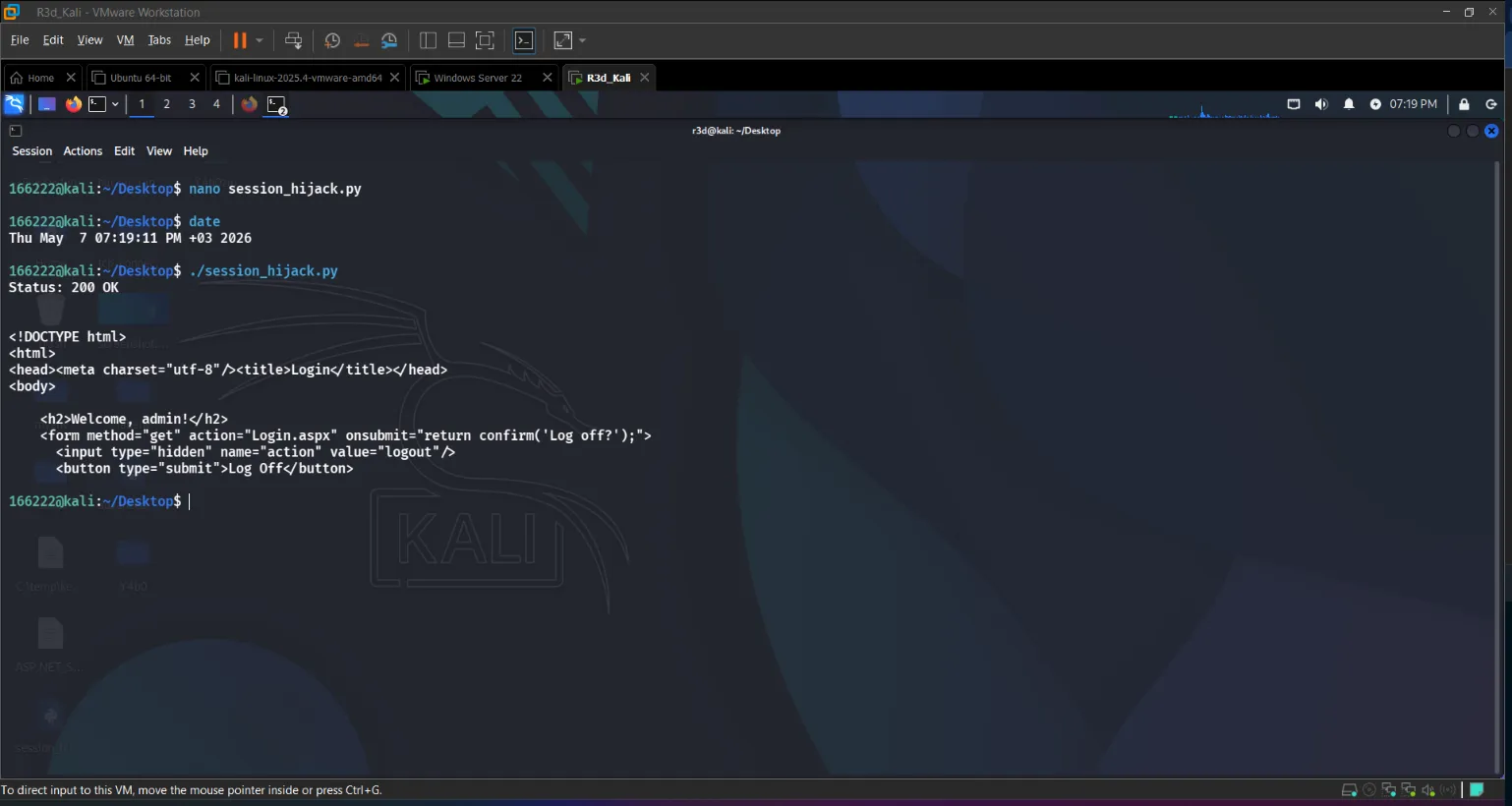 Python session hijack output showing Welcome admin