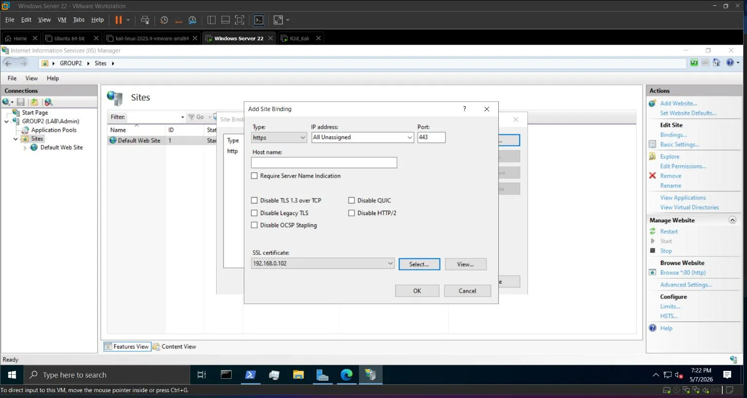 IIS HTTPS binding dialog with port 443