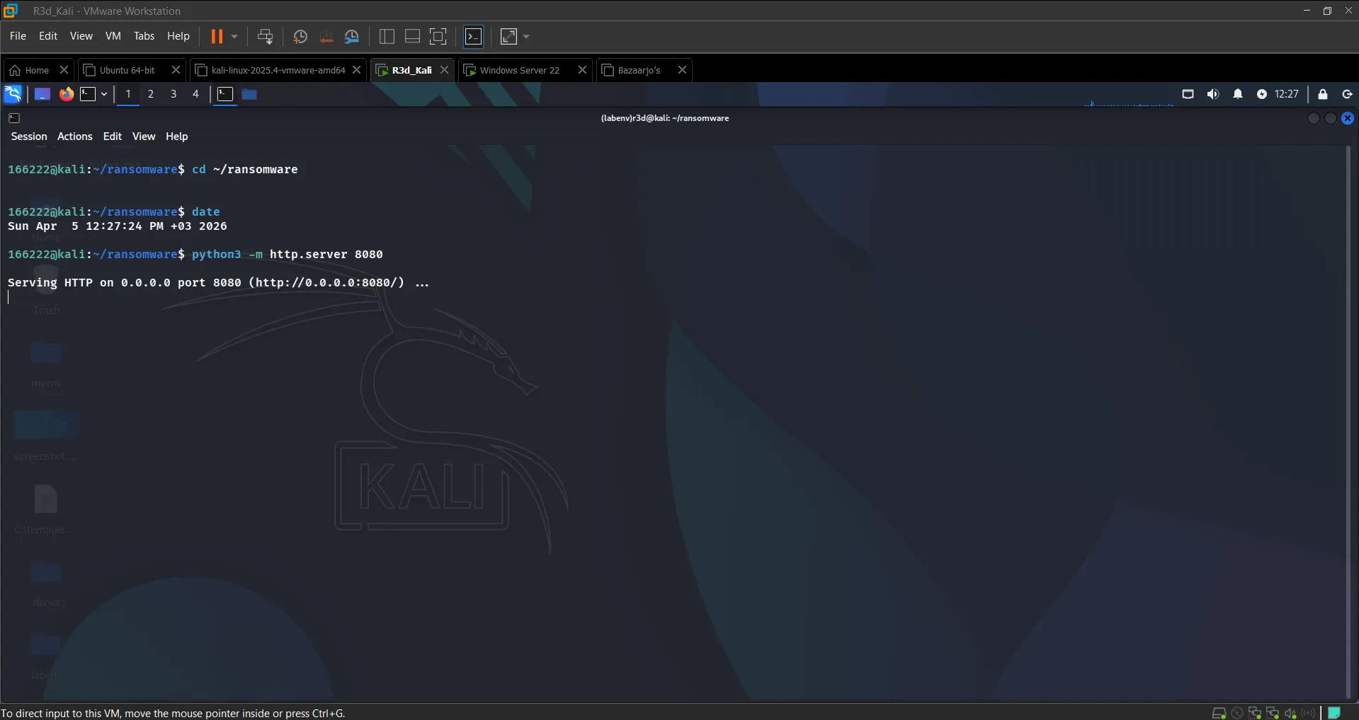 Python HTTP server running on Kali