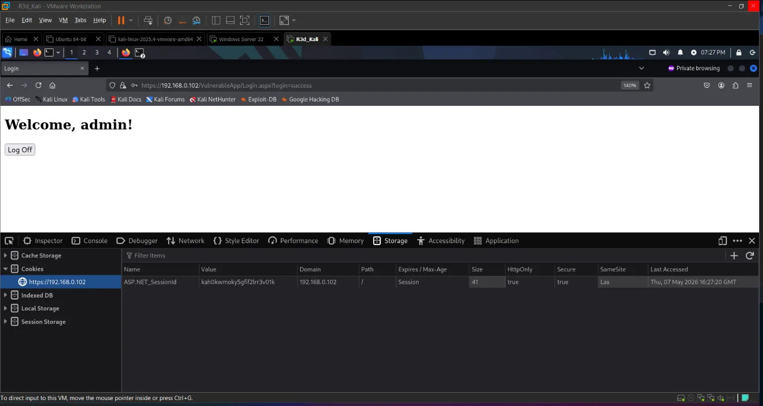 Firefox Storage showing Secure and HttpOnly flags on session cookie