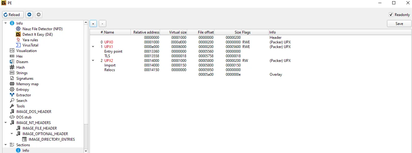 DiE — PE sections view showing UPX0/UPX1/UPX2