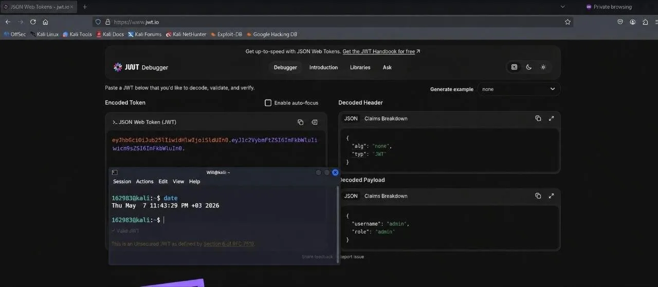 jwt.io showing tampered JWT with role:admin and alg:none