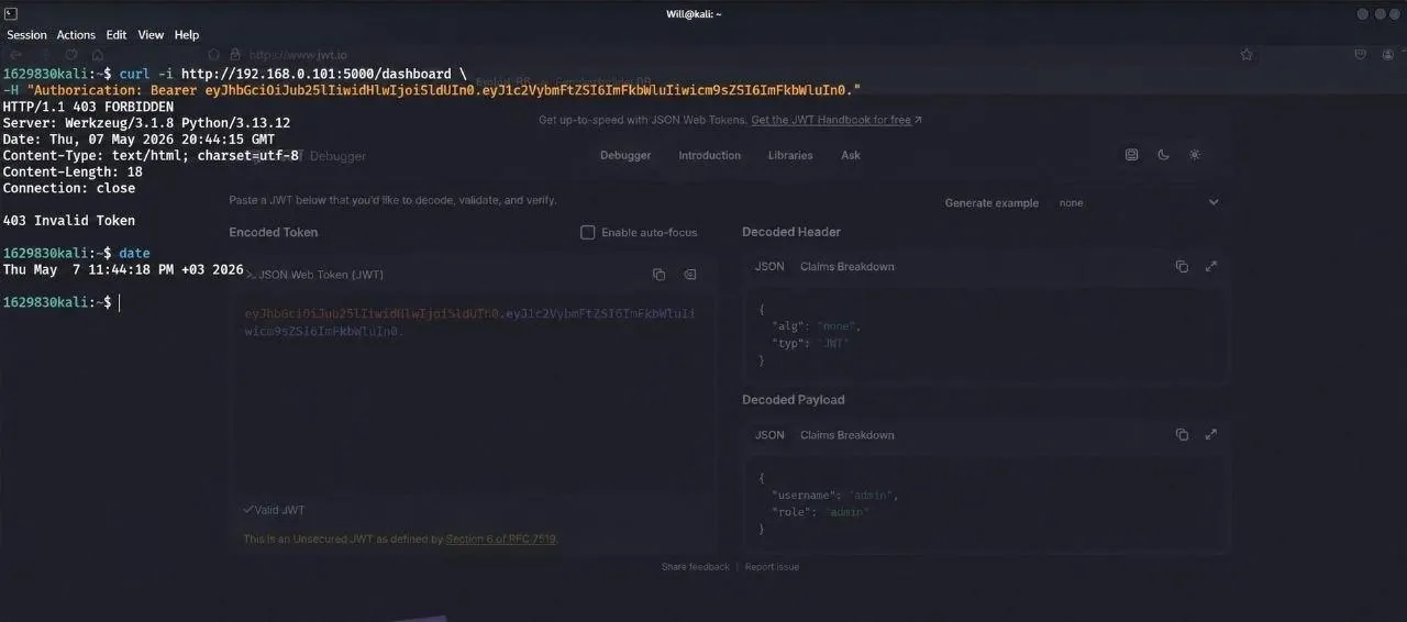 Demo server rejecting tampered JWT with 403