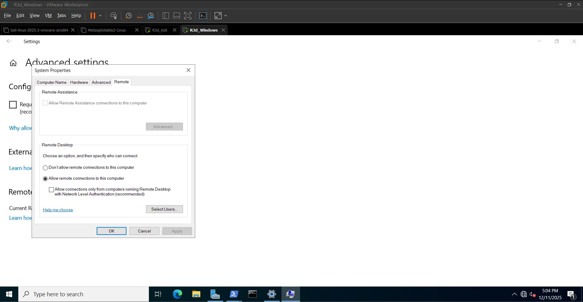 RDP enabled via System Properties