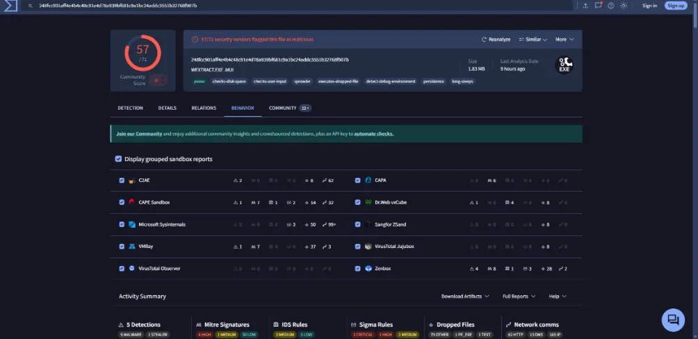 VirusTotal BEHAVIOR tab