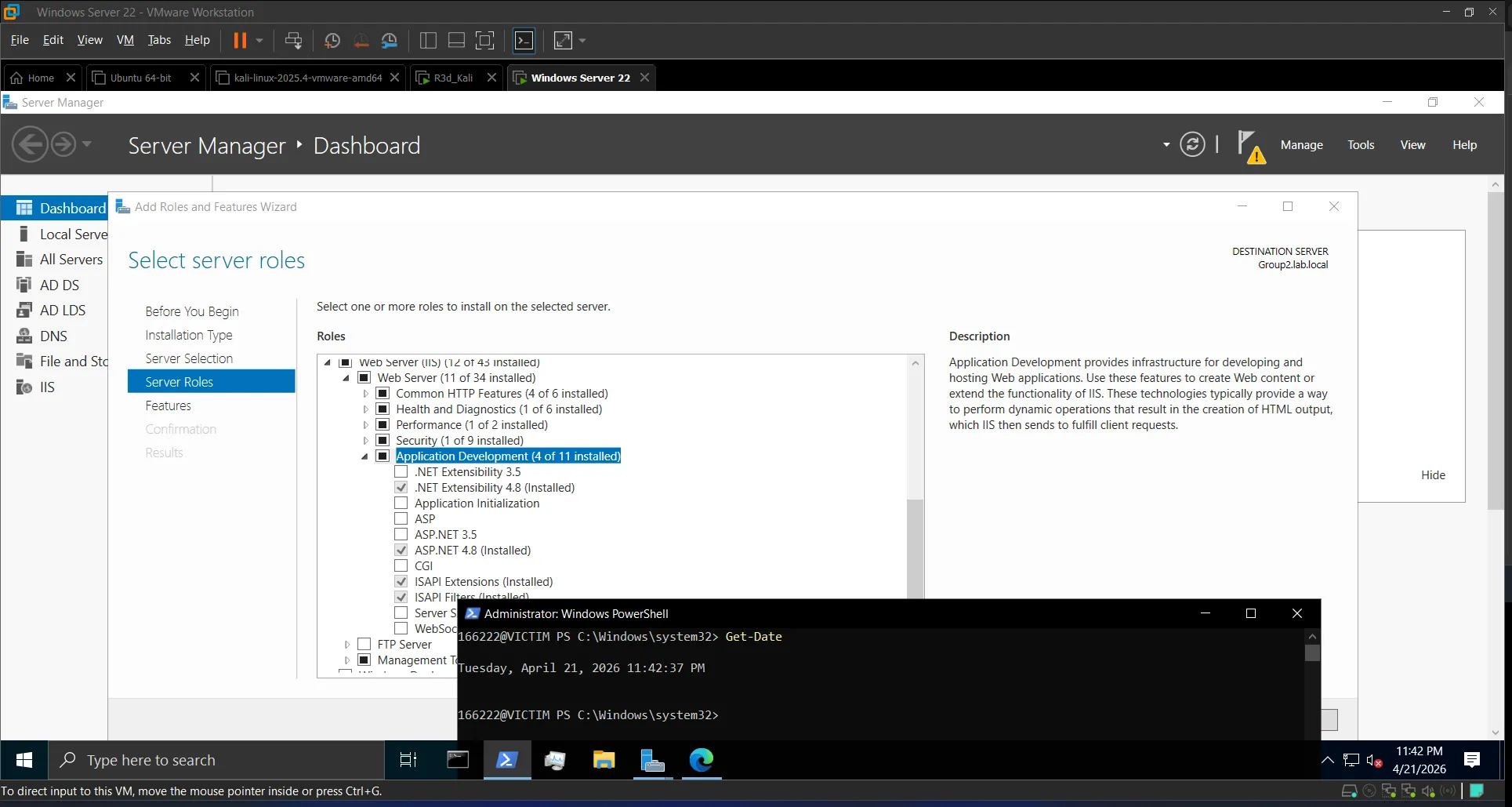 Server Manager showing installed IIS roles