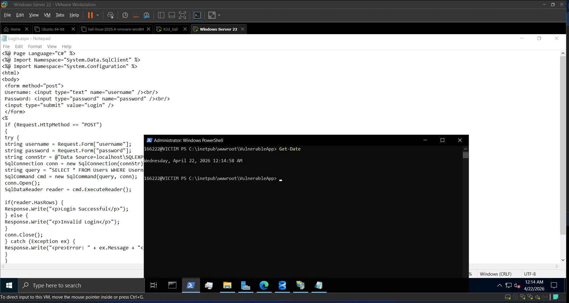 Login.aspx vulnerable code in Notepad
