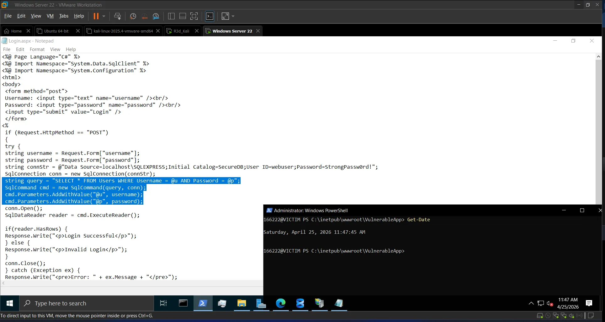 Modified Login.aspx with parameterized queries