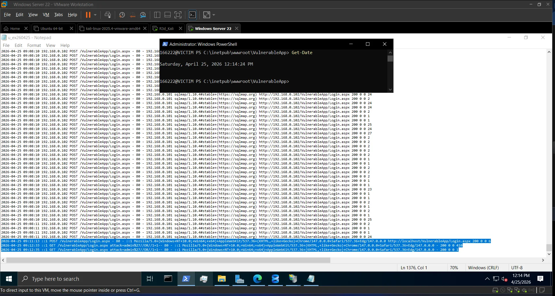 IIS log / Event Viewer showing SQLi trace