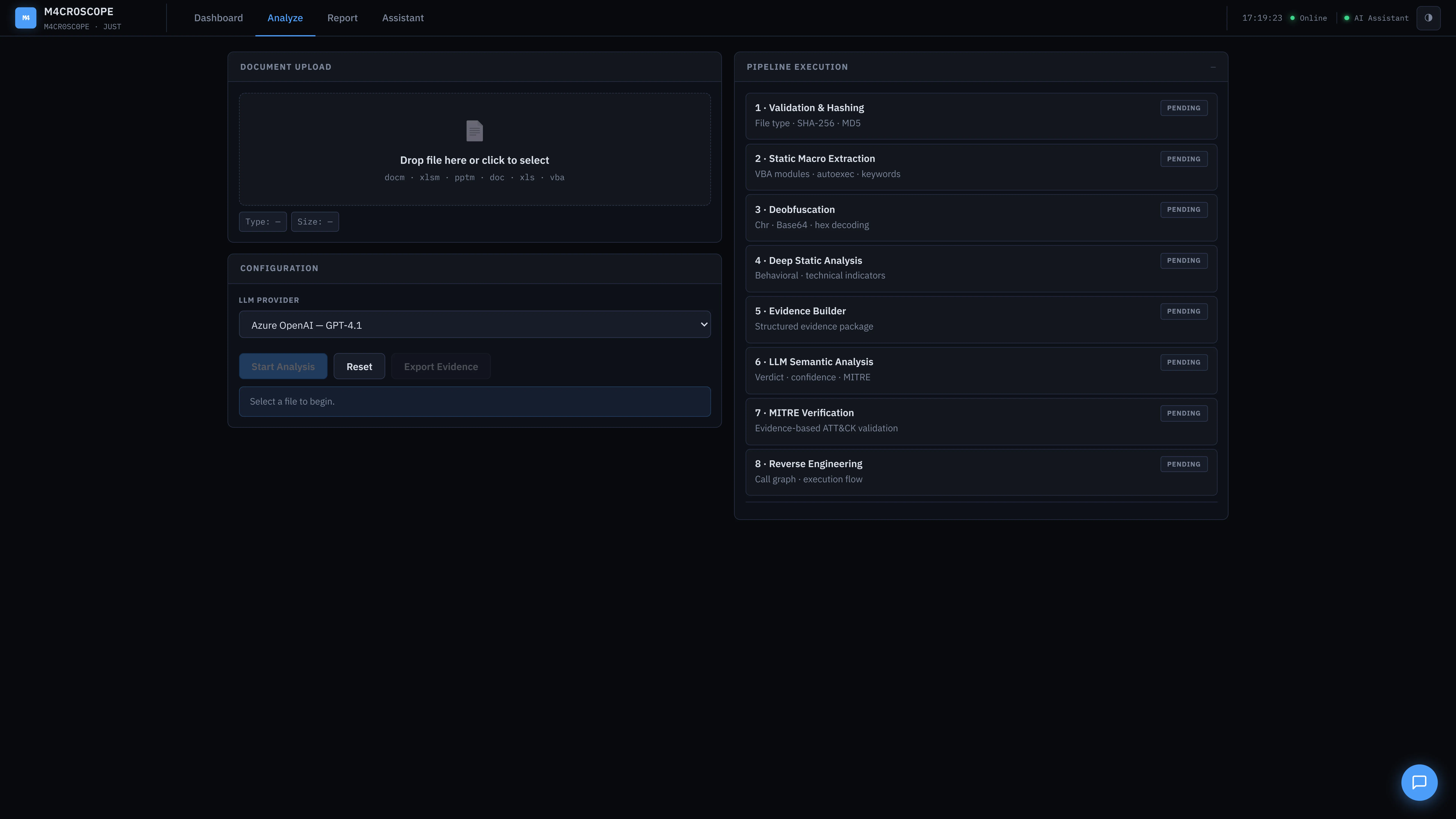 Analyze screen — upload and live pipeline progress